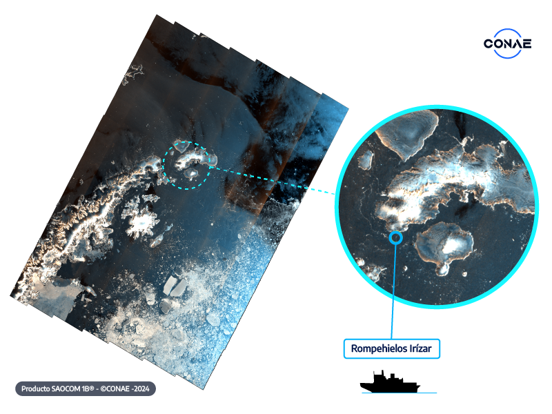 Los satélites argentinos SAOCOM captan unas 600 imágenes por mes para dar soporte a la misión del rompehielos Irizar en cada campaña a la Antártida. En esta imagen se señala la ubicación del buque.